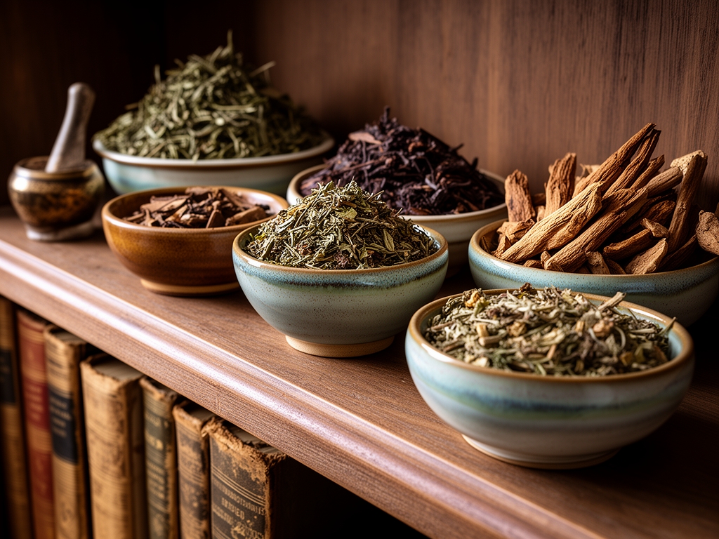 Różne naczynia ceramiczne z suszonymi ziołami i korzeniami ze wschodnich tradycji zielarskich ustawione na drewnianej półce obok starych ksiąg