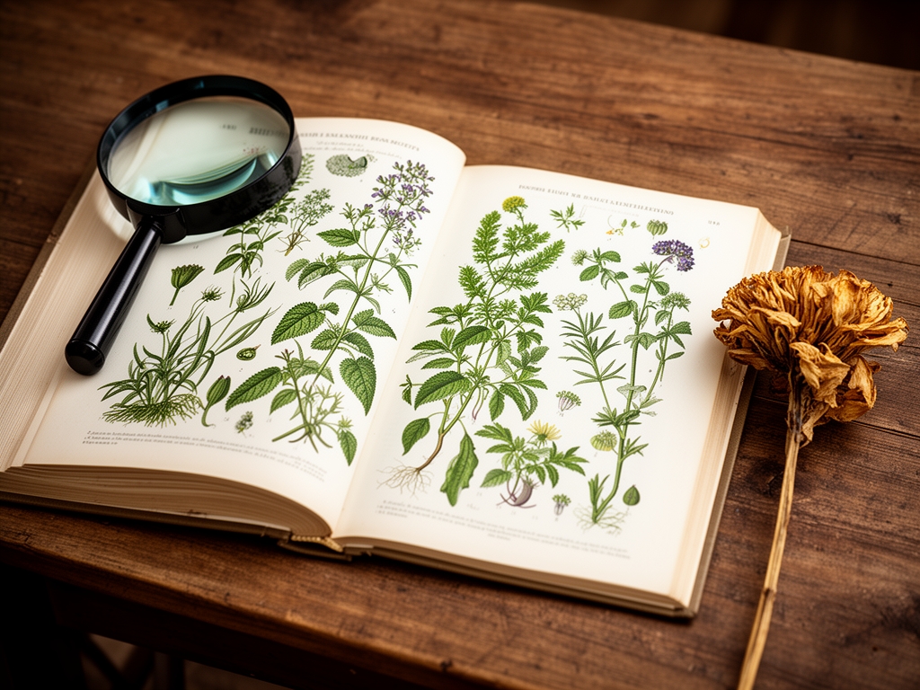Stary botaniczny atlas roślin otwarty na stronie z ryciny ziół, leżący na drewnianym stole obok szkła powiększającego i suszonego kwiatu