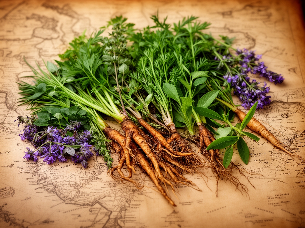 Stare zioła i korzenie lecznicze ułożone na pergaminowej mapie botanicznej, symbolizujące wieki wiedzy o roślinach i naturalnym dobrostanie