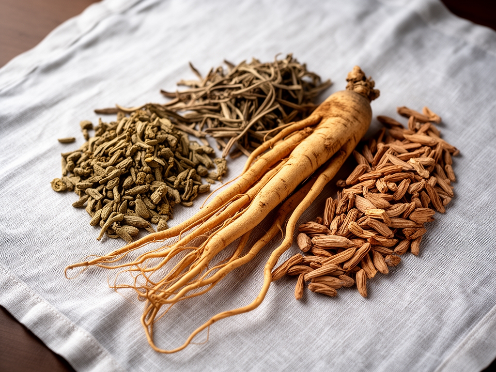 Suszone korzenie i zioła adaptogenne rozłożone na płóciennym obrusie: ashwagandha, żeń-szeń i astragalus