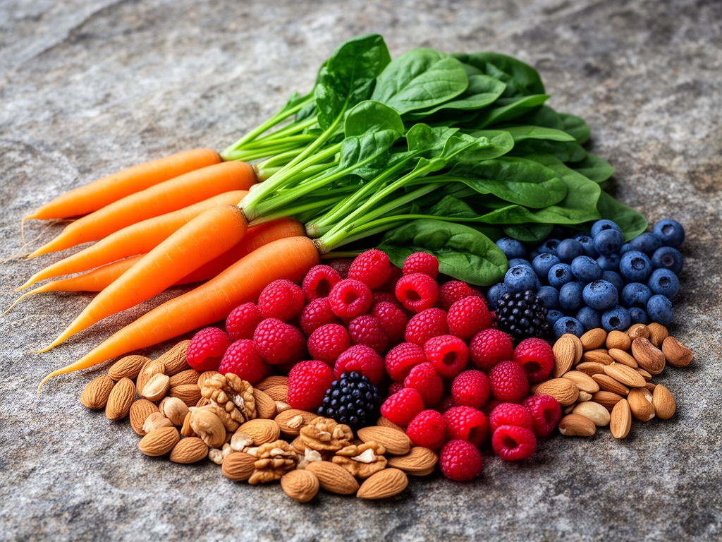 Kolorowe warzywa i owoce bogate w mikroelementy rozłożone na kamiennej powierzchni: marchew, szpinak, owoce jagodowe i orzechy