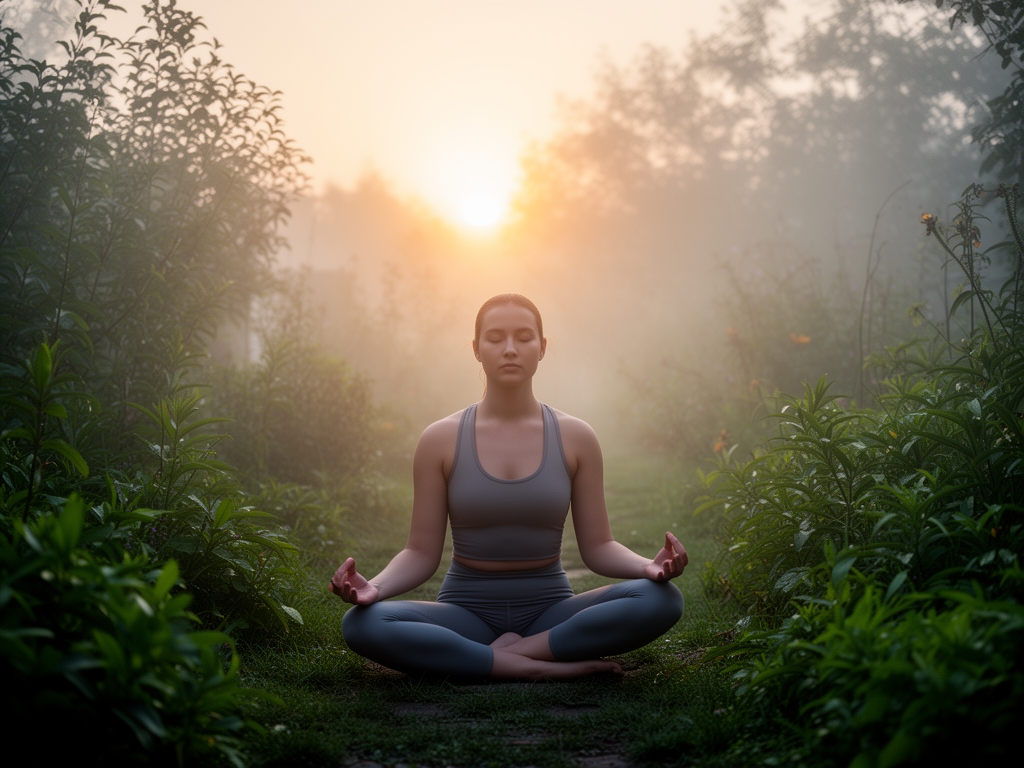 Osoba siedząca w pozycji medytacyjnej w cichym ogrodzie o wschodzie słońca, otoczona zielonymi roślinami i mglistym powietrzem