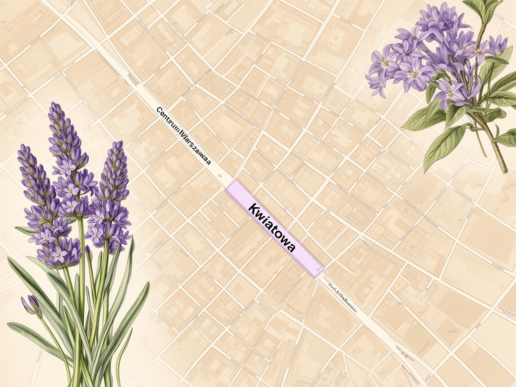 Stylizowana ilustracja mapy okolic centrum Warszawy z zaznaczoną ulicą Kwiatową, w odcieniach beżu i szałwii, przypominająca grafikę z atlasu botanicznego