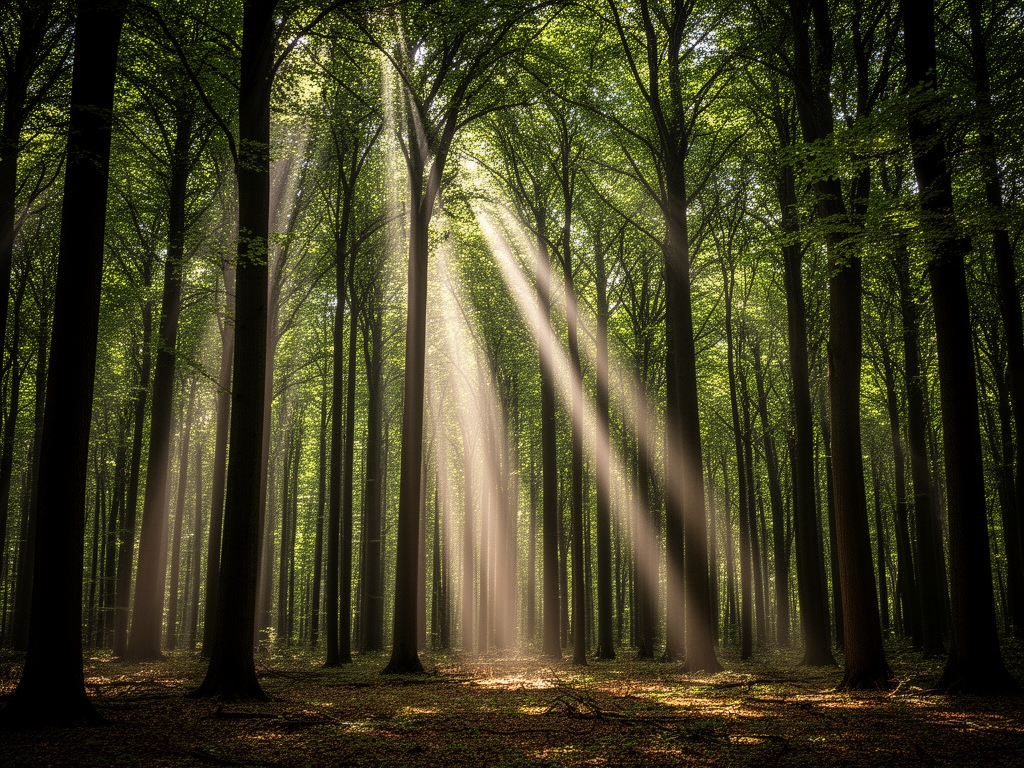 Majestatyczny las liściasty z wysokimi drzewami i promieniami słońca przebijającymi przez gęstą koronę drzew, tworzącymi dramatyczne kolumny światła