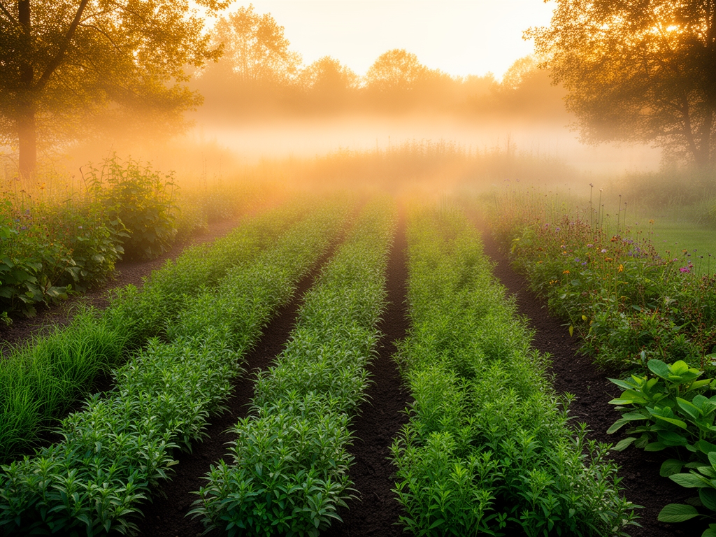 Rozległy sezonowy ogród o świcie z rzędami ziół, ranną mgłą unoszącą się nad glebą i ciepłym złotym światłem filtrującym przez liście