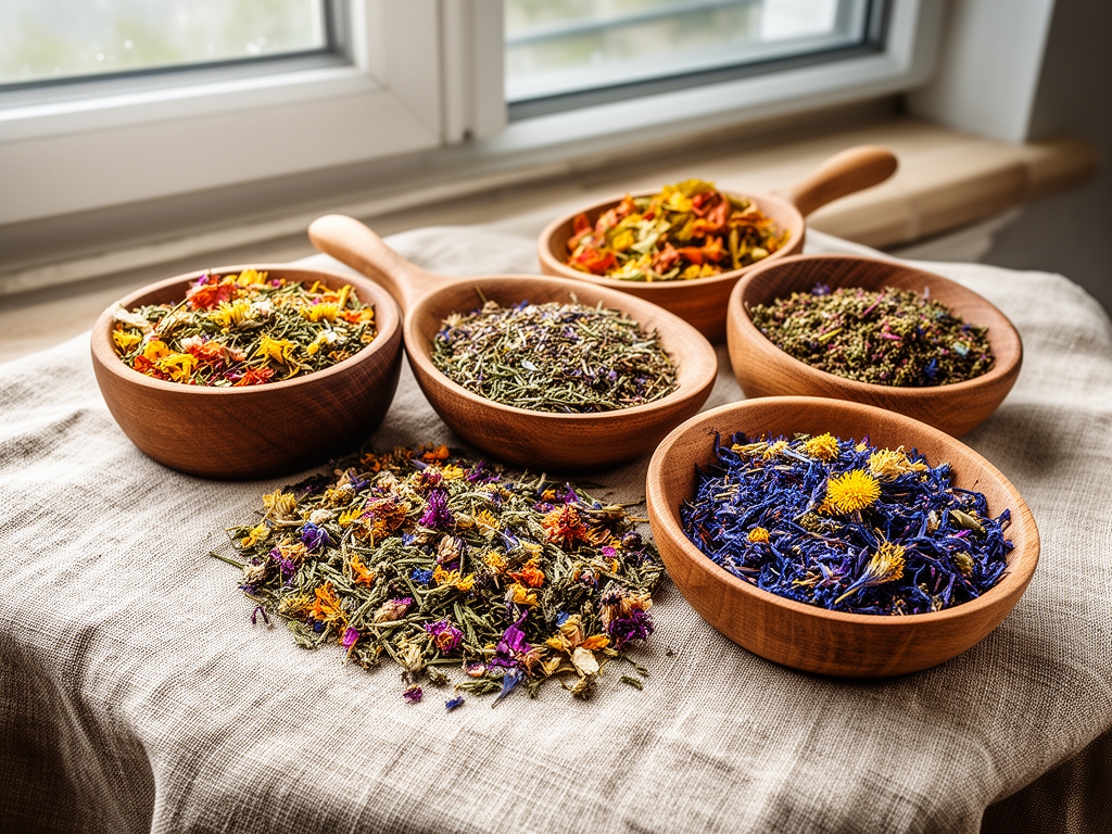 Drewniane naczynia z różnorodnymi suszonymi ziołami i kwiatami ustawione na lnianym obrusie w naturalnym świetle okna