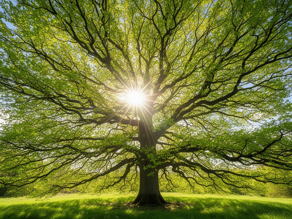 Korona rozłożystego dębu widziana od dołu z promieniami słońca przebijającymi przez gęste liście wiosną