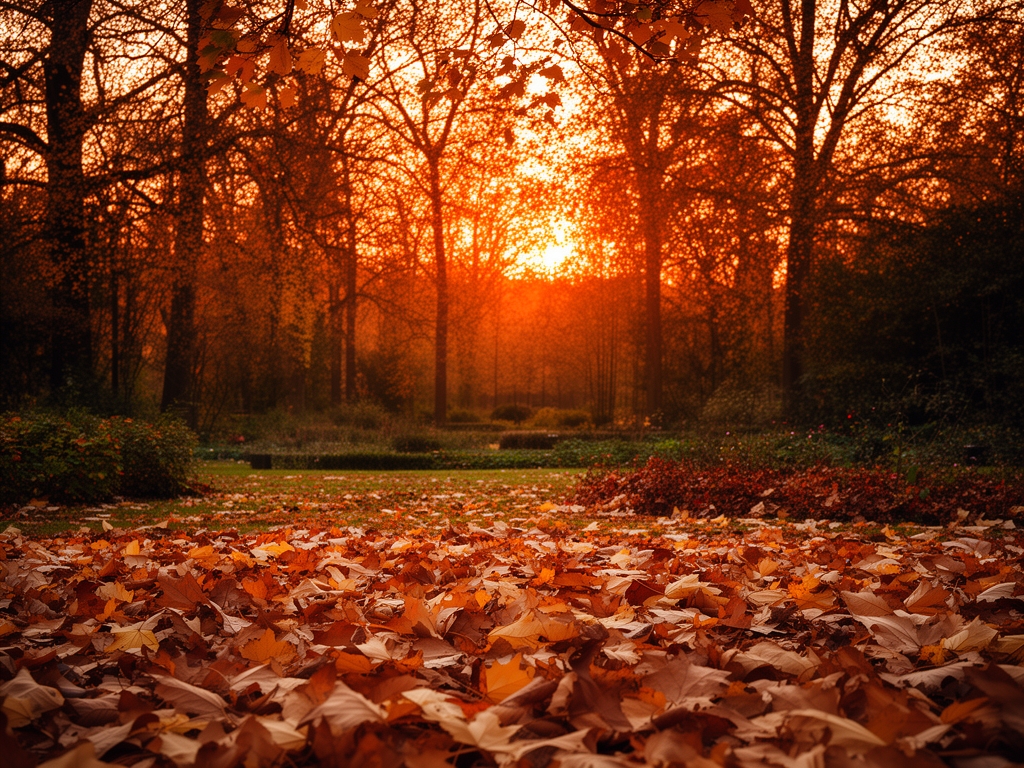 Jesienny ogród z opadającymi złotymi i brązowymi liśćmi na tle drzew w ciepłym pomarańczowym świetle zachodu słońca