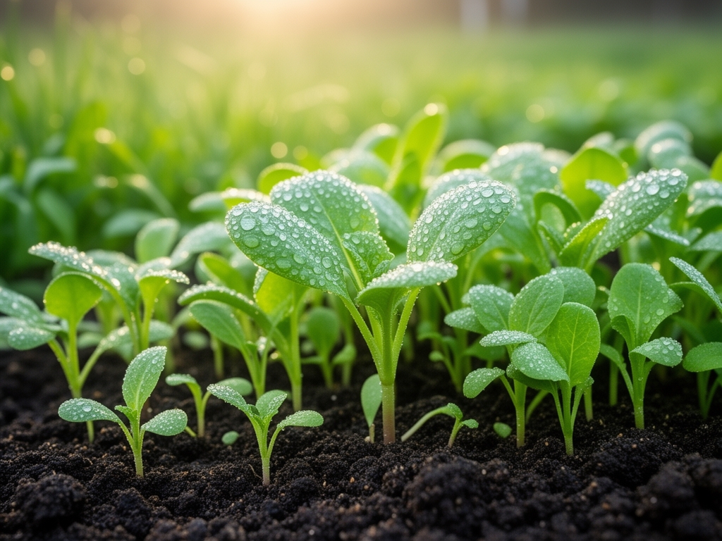 Wiosenny ogród z kiełkującymi sadzonkami, świeżą zielenią i kroplami rosy na liściach w miękkim porannym świetle
