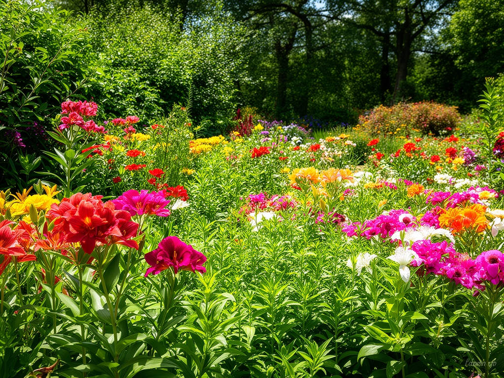 Bujny letni ogród w pełnym rozkwicie z dużymi kolorowymi kwiatami i gęstą zielenią w ostrym południowym słońcu
