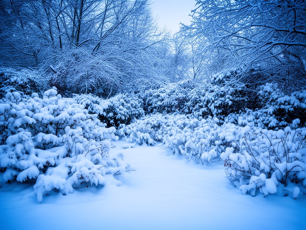 Zimowy ogród pokryty śniegiem z delikatnym przyprószeniem na gałęziach krzewów i miękkim błękitawym zimowym światłem